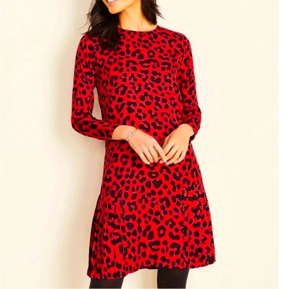 Ann Taylor Leopard Pleated Dress Sz 12 Red/Blk